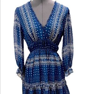 SHOSHANNA Blue peasant v neck mini ruffle dress Size 4